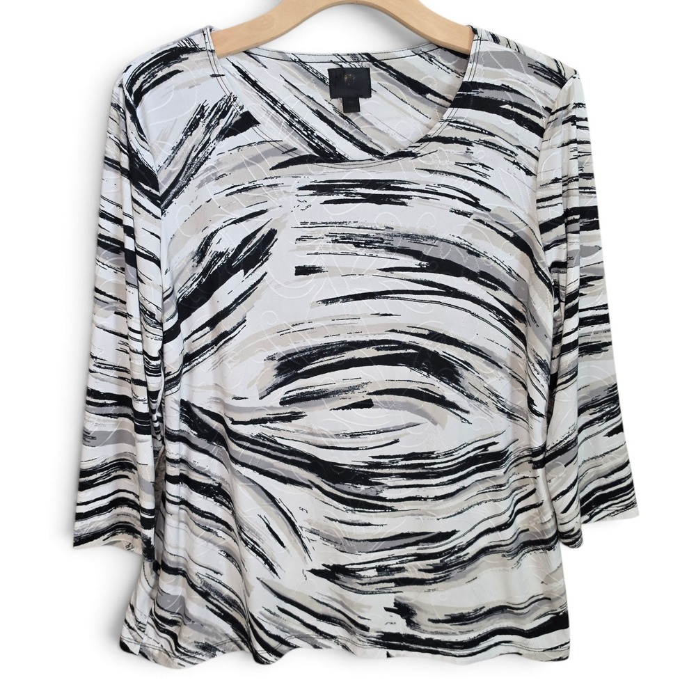 JM Collection Top Womens PL Petite Large Black White Abstract Brush 3/4 Sleeve
